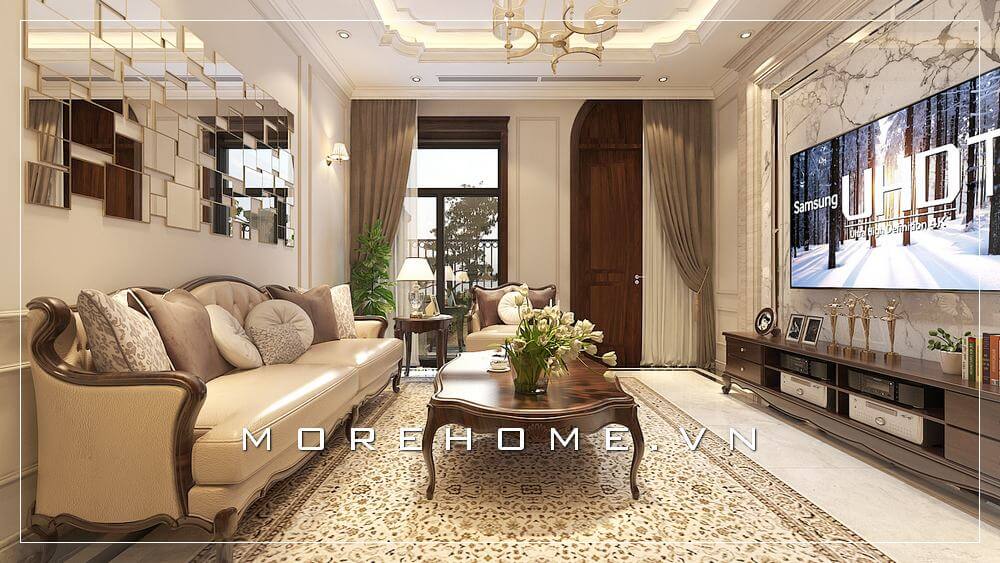 Thảm trải sàn thổ cầm, đồ nội thất gỗ óc chó kết hợp đá ốp tường, sự vận dụng cách tân nhưng khá độc đáo trong thiết kế nội thất tân cổ điển đã tạo nên vẻ đẹp sang trọng cho không gian điển hình phòng khách nhà phố, biệt thự. Thiết kế phòng khách