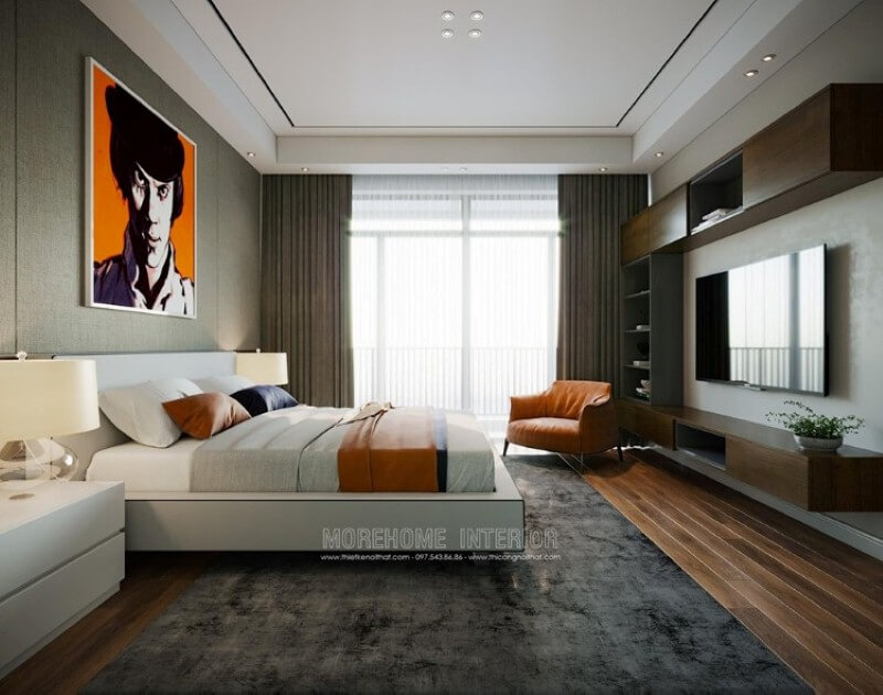 Trang trí nội thất phòng ngủ hiện đại ấn tượng với điểm nhấn cam xen kẽ giữa 2 gam màu trắng, xám tương phản. Thiết kế nội thất