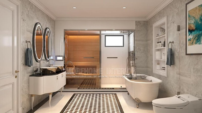 Sắp xếp nội thất phòng tắm tân cổ điển đẹp, sang trọng có phòng xông hơi, bồn tắm gia đình cao cấp. Thiết kế nội thất