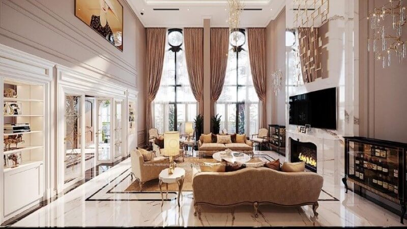 Trang trí nội thất phòng khách tân cổ điển đẹp, sang trọng tại Vinhomes Imperia Hải Phòng. Thiết kế nội thất
