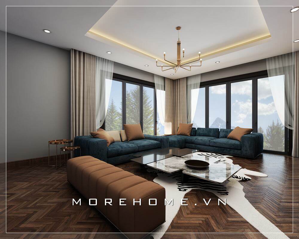 Mẫu thiết kế phòng khách độc đáo với những cánh cửa kính lớn kết hợp bộ sofa bọc nỉ cao cấp tạo nên một không gian thư giãn và tiếp khách tuyệt vời cho gia chủ Thiết kế phòng khách hiện đại đơn giản