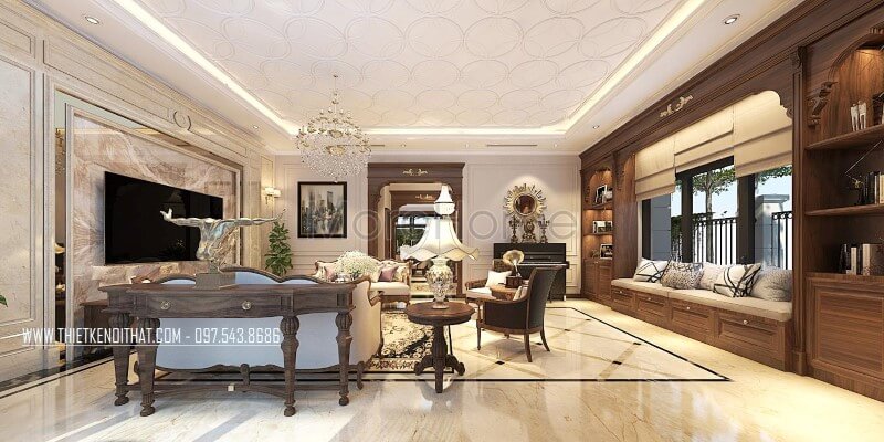 Sản phẩm kệ trang trí gỗ óc chó phong cách tân cổ điển đẹp tại phòng khách biệt thự Vinhomes Greenbay Hà Nội Kệ trang trí phòng khách đẹp