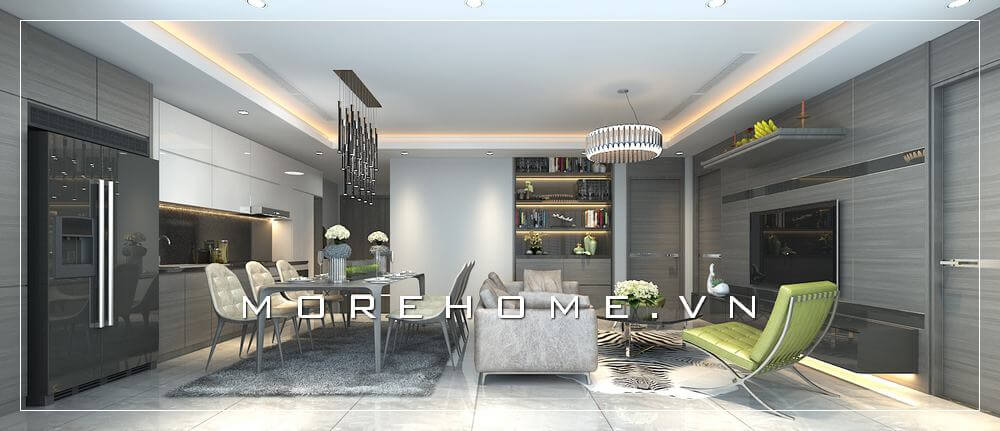 Phòng khách hiện đại kết hợp cùng đồ nội thất bọc da tạo vẻ đẹp sang trọng, độc đáo cho thiết kế nội thất căn hộ chung cư. Thiết kế chung cư