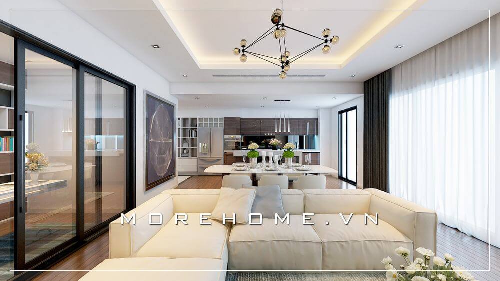 Sofa góc hiện đại màu trắng tạo vẻ đẹp nổi bật ấn tượng cho phòng khách chung cư đẹp. Thiết kế chung cư