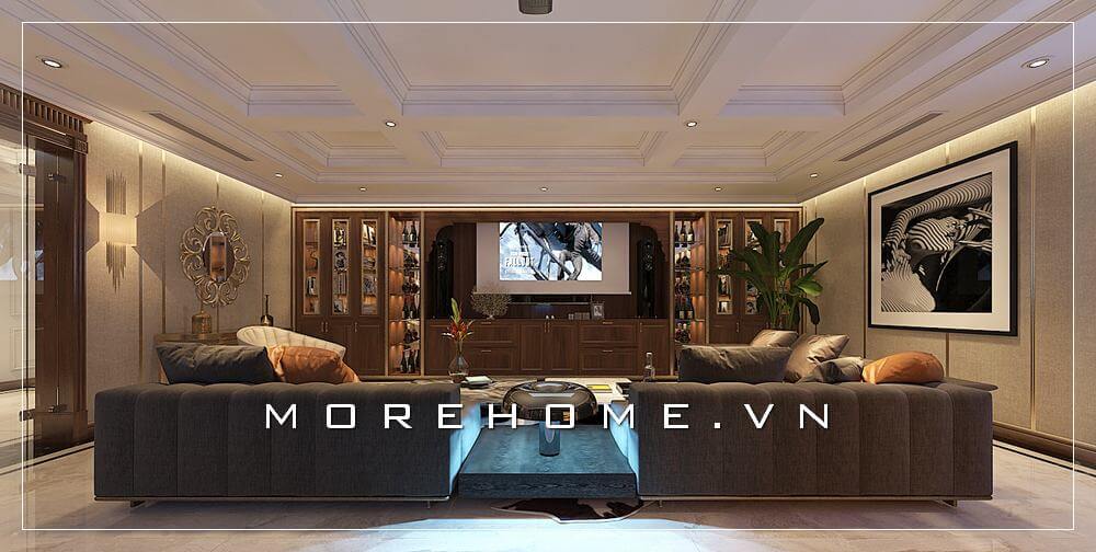 Trang trí nội thất phòng khách đẹp với sản phẩm kệ tivi kết hợp tủ rượu tân cổ điển gỗ óc chó thượng hạng cho không gian nhà phố sang trọng Kệ trang trí phòng khách đẹp