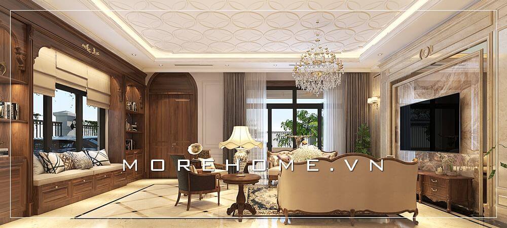 Trang trí nội thất phòng khách đẹp với sản phẩm kệ trang trí kết hợp sofa thư giãn tân cổ điển gỗ óc chó thượng hạng cho không gian nhà phố sang trọng Kệ trang trí phòng khách đẹp