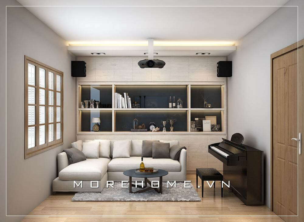 Mẫu kệ sáchhiện đại kết hợp kệ trang trí gỗ công nghiệp được thiết kế âm tường tạo nên không gian rộng rãi đang được nhiều gia chủ yêu thích và sử dụng Kệ trang trí phòng khách đẹp