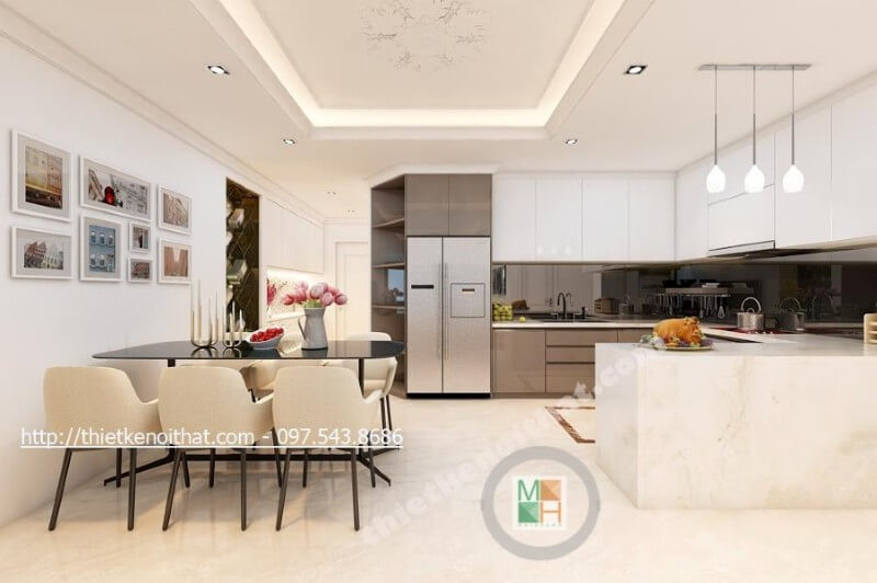 Nội thất phòng ăn chung cư liền kề với không gian nhà bếp, giúp cho quá trình nấu nướng tới dùng bữa nhanh chóng hơn Mẫu nội thất chung cư đẹp