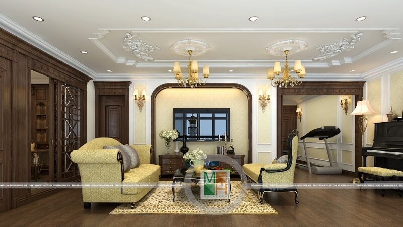 Thiết kế nội thất phòng khách chung cư Mandarin đẹp với phong cách tân cổ điển cùng đồ nội thất gỗ tự nhiên cao cấp. Điểm qua các mẫu bày trí phòng khách tân cổ điển đẹp nhất