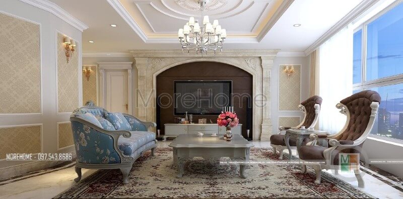 Bộ sofa bọc nỉ với đường cong tinh tế và trạm khắc cổ điển dường như đã trở thành chi tiết tạo điểm nhấn thẩm mỹ căn phòng. Thiết kế phòng khách chung cư