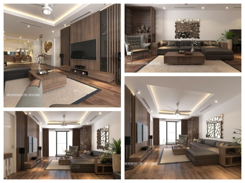 Thiết kế nội thất phòng khách chung cư đẹp với bộ bàn ghế sofa gỗ óc chó bọc da thượng hạng Thiết kế phòng khách chung cư