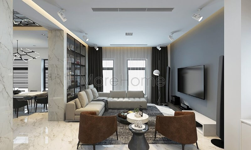 Nội thất phòng khách biệt thự hiện đại lấy tone màu ghi tối và trắng làm chủ đạo, phần cửa sổ hướng ra ban công được thiết kế rộng tạo cảm giác cơi nới cho căn phòng thêm rộng hơn Thiết kế nội thất phòng khách màu trung tính nhẹ nhàng và ấm áp