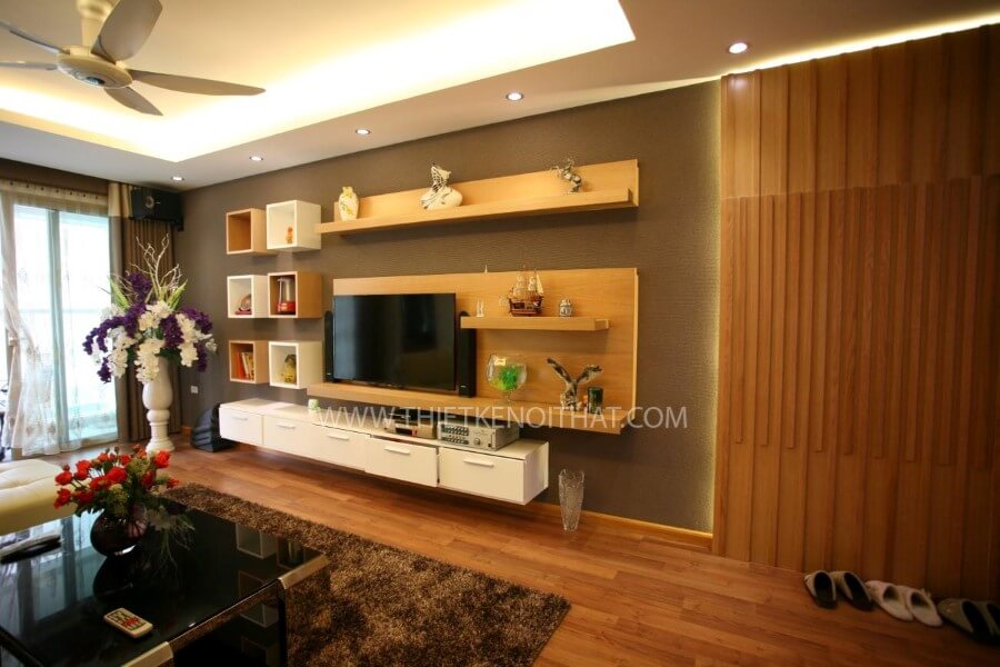 Kệ tivi treo tường hiện đại gỗ công nghiệp giúp tiết kiệm không gian sử dụng của căn hộ Bật mí các mẫu thiết kế kệ tivi phòng khách đẹp tiện nghi nhất