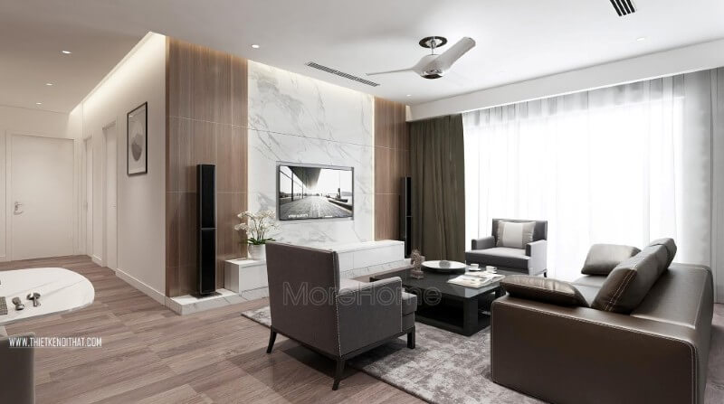Thiết kế phòng khách chung cư cao cấp không quá cầu kỳ vào từng chi tiết trang trí, hầu hết các hình khối và đường nét sử dụng là các chi tiết đơn giản nhưng vẫn đảm bảo được sự sang trọng và tiện nghi của không gian này Danh sách các cách bố trí phòng khách chung cư nhỏ sang trọng