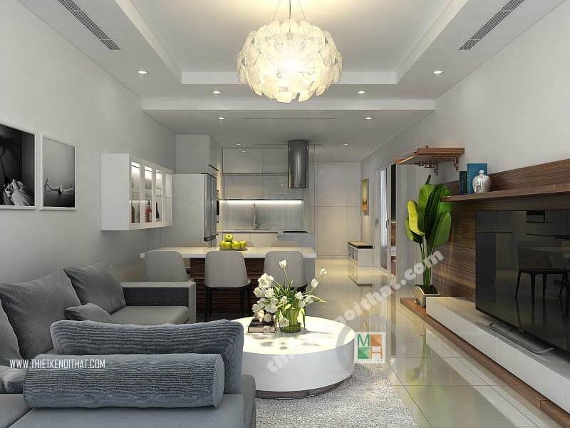 Thiết kế phòng khách chung cư hiện đại, tiên nghi với đồ nội thất nhỏ gọn và cách sắp xếp khoa học hợp lí giúp tiết kiệm diện tích căn phòng Danh sách các cách bố trí phòng khách chung cư nhỏ sang trọng