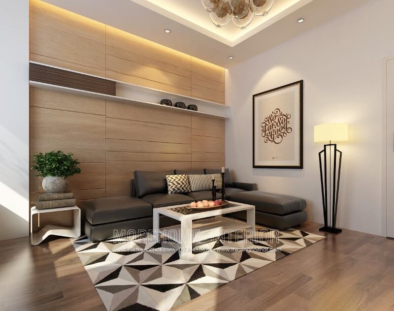 Sofa hiện đại bọc da màu đen, kiểu dáng đơn giản nhưng không kém phần sang trọng cho phòng khách Thiết kế phòng khách chung cư