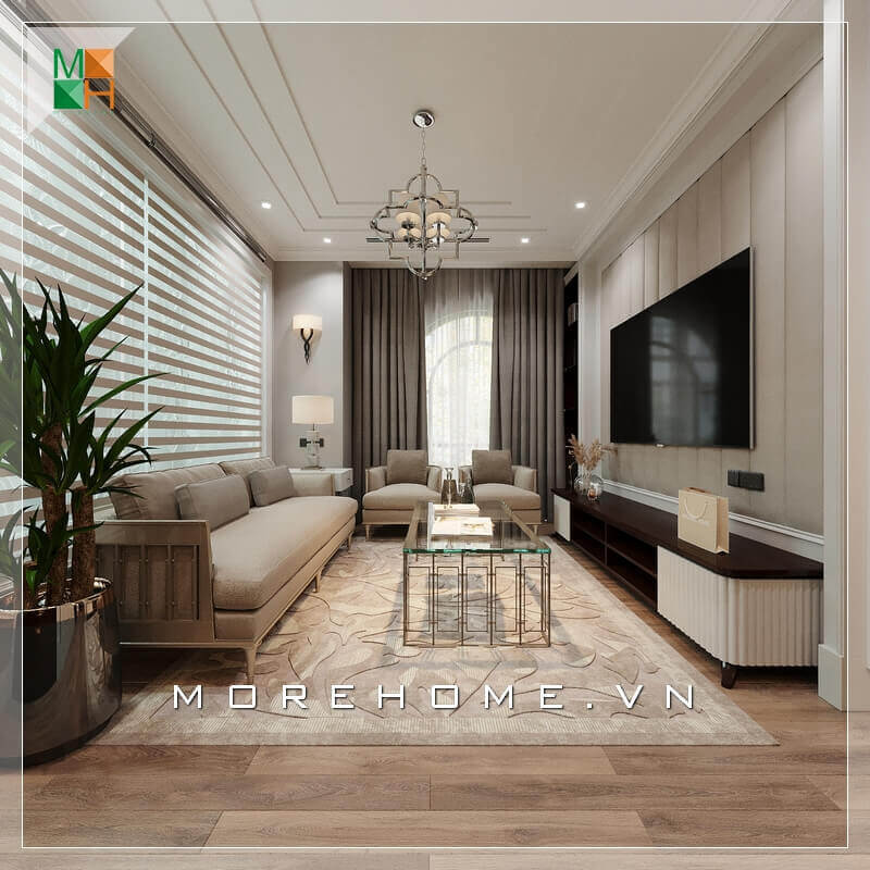 Mẫu kệ tivi gỗ ấn tượng kết hợp giữa sắc nâu trầm và trắng tinh khôi, hoàn hảo cho phòng khách chung cư, nhà phố Thiết kế phòng khách chung cư