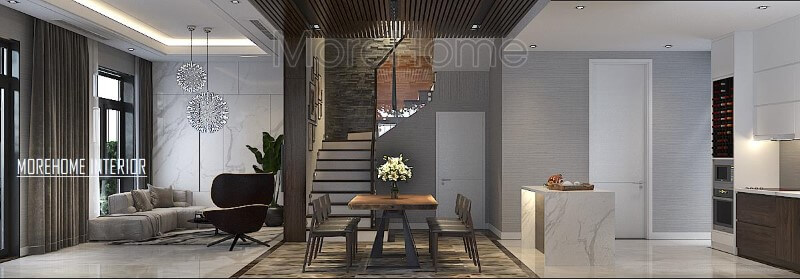 Bố trí phòng khách, bếp ăn hiện đại độc lập nhưng không sử dụng rèm che giúp không gian trở nên thông thoáng, rộng rãi. Thiết kế phòng khách liền bếp đẹp, tiện nghi
