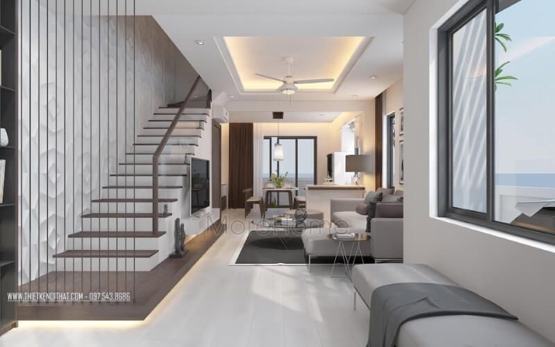 Thiết kế nội thất phòng khách liền phòng bếp ăn đẹp cùng cầu thang dây cáp tạo nét hiện đại, độc đáo cho biệt thự, nhà phố. Thiết kế phòng khách liền bếp đẹp, tiện nghi