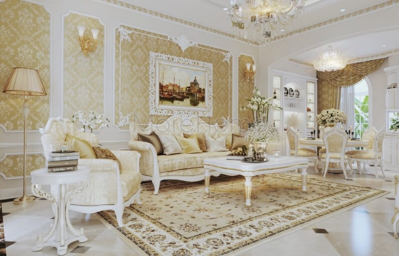 Trang trí nội thất phòng khách chung cư tân cổ điển được kiến trúc sư đầu tư tỉ mỉ về cả đường nét và màu sắc, thể hiện được đúng cái Gợi ý các mẫu bố trí phòng khách tân cổ điển hot nhất