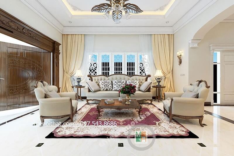 Mẫu sofa phòng khách gỗ tự nhiên bọc vải với đường nét tân cổ điển tinh tế tạo điển nhấn cho căn phòng Tổng hợp các mẫu thiết kế sofa phòng khách cao cấp sang trọng nhất