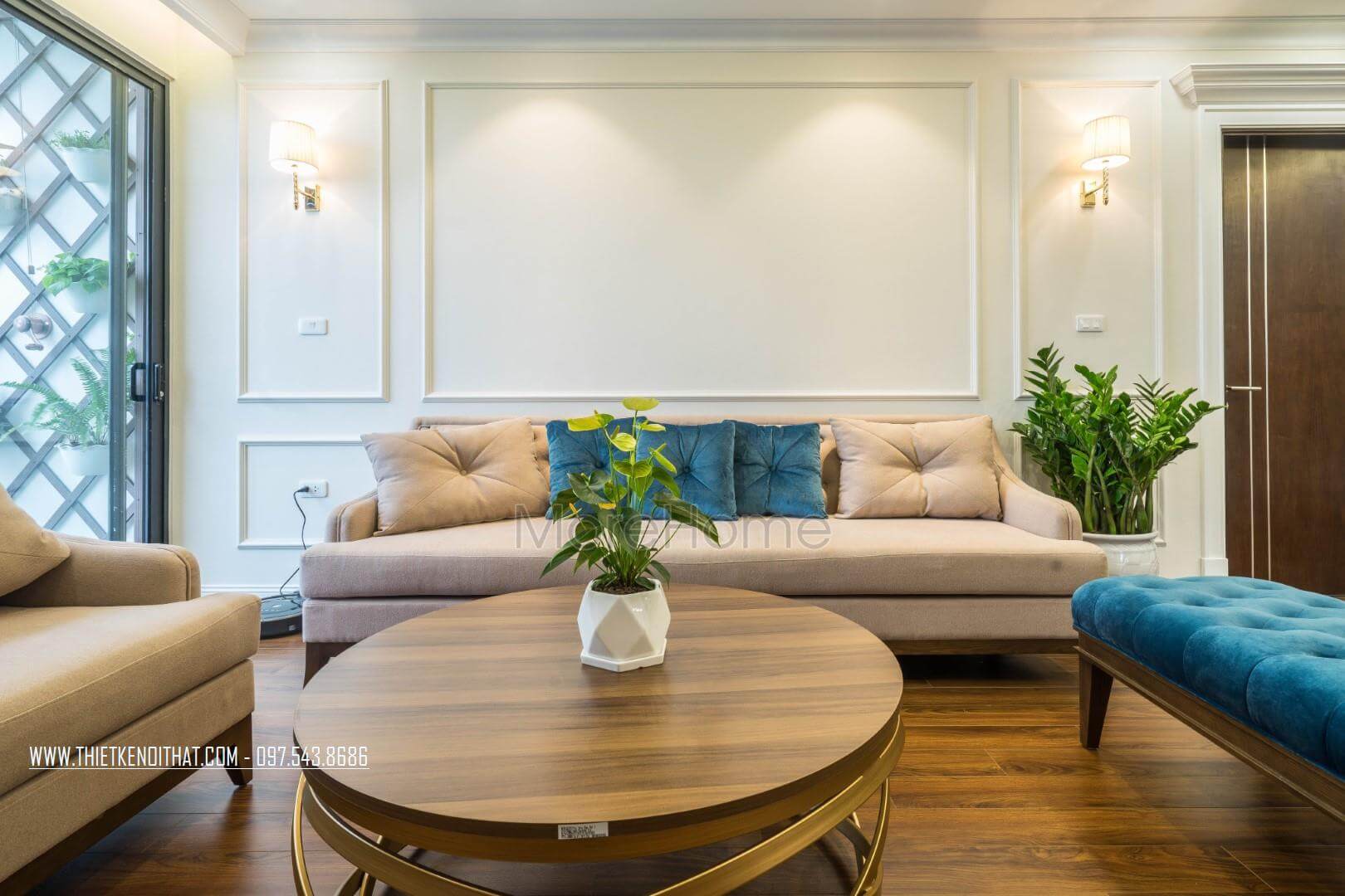Bộ sofa sử dụng chất liệu nỉ nhung màu trắng - be nhã nhặn hòa nhập với không gian Những mẫu thiết kế sofa phòng khách hiện đại nhất