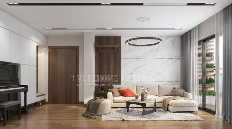 Bộ sofa vải chữ L màu trắng được đặt ở không gian phòng khách tôn lên vẻ đẹp hiện đại cho không gian Những mẫu thiết kế sofa phòng khách hiện đại nhất