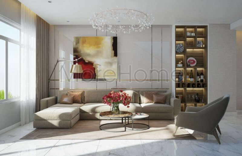 Nội thất sofa chữ L phòng khách với tông màu ghi sáng bọc nỉ điểm nhấn ấn tượng cho phòng khách Những mẫu thiết kế sofa phòng khách hiện đại nhất