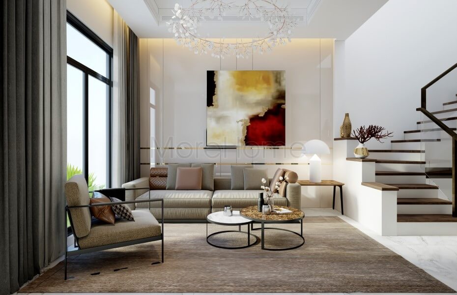 Mẫu sofa phòng khách hiện đại bọc vải cho thiết kế nội thất nhà phố Lake View Hồ Chí Minh Những mẫu thiết kế sofa phòng khách hiện đại nhất
