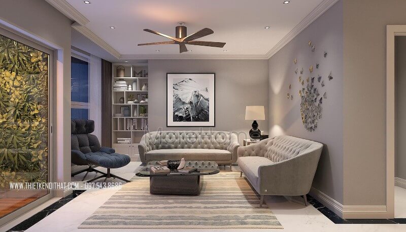 Bộ sofa bọc nỉ cao cấp được lựa chọn cùng tông màu xám của mảng tường tạo sự mới lạ, hiện đại cho không gian phòng khách. Những mẫu thiết kế sofa phòng khách hiện đại nhất