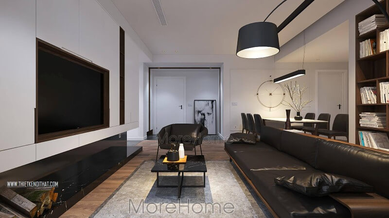 Điểm nhấn của phòng khách này là bộ sofa da gỗ màu đen cao cấp tạo điểm nổi bật giữa căn phòng với tông màu trắng làm chủ đạo Tập hợp các mẫu thiết kế sofa phòng khách độc đáo nhất