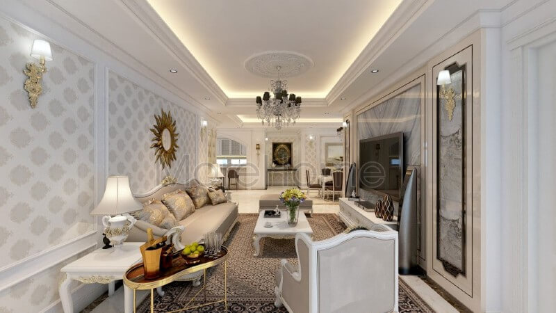 Trang trí nội thất phòng khách chung cư ấn tượng hơn với tone màu trắng sáng được sử dụng tạo điểm nhấn cho các đường nét trạm khắc tinh xảo và khéo léo. Thiết kế phòng khách chung cư cao cấp cho không gian sống hoàn hảo