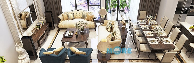 Bộ Sofa tân cổ điển kết hợp với bàn trà, kệ ti vi và bộ bàn ghế ăn tạo nên tổng thể hoàn hảo cho phòng khách chung cư, biệt thự. Tổng hợp các mẫu thiết kế sofa phòng khách sang trọng tiện nghi nhất
