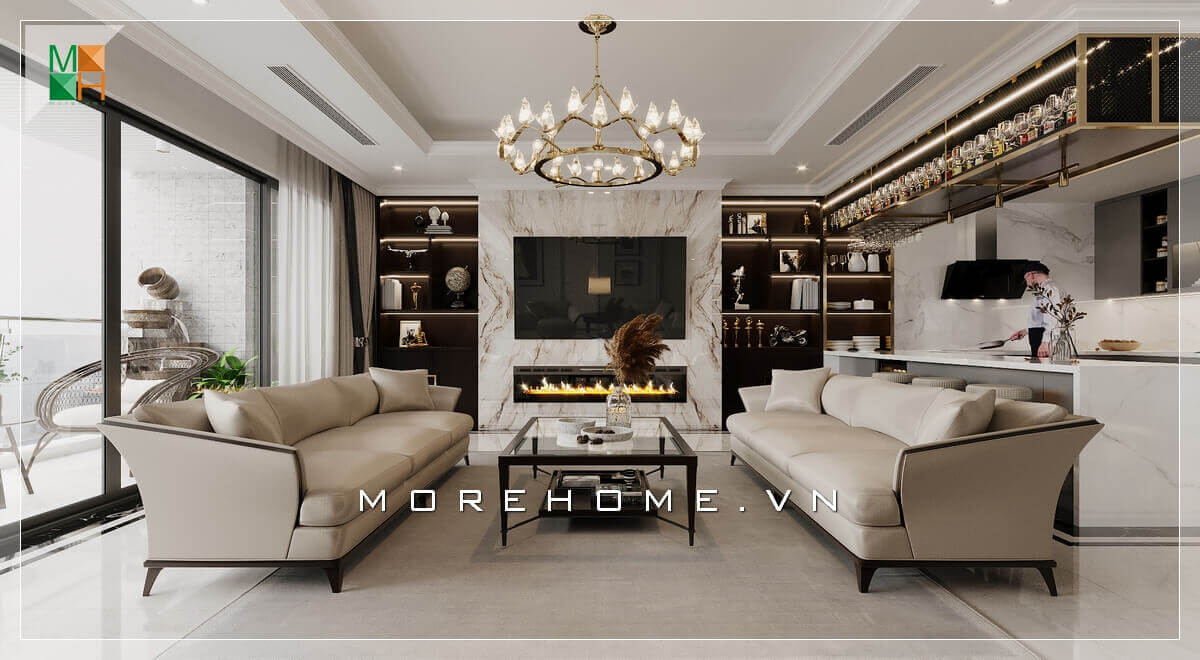 Ấn tượng mẫu đá ốp đối vân tường treo tivi hiện đại và sang trọng khiến căn phòng khách trở nên sáng tạo và độc đáo hơn. Danh sách các mẫu thiết kế đá ốp tường phòng khách đẹp
