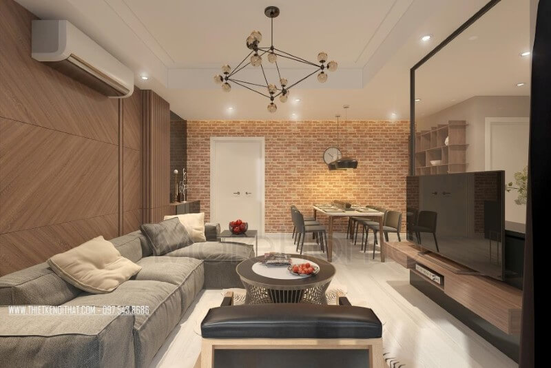 Không gian phòng khách hướng sáng với khung cửa rộng đón ánh sáng tự nhiên vào căn phòng tạo cảm giác cơi nới và mở rộng cho căn nhà, khắc phục được sự hạn chế của không gian chung cư bí bách và tối tăm. Thiết kế nội thất phòng khách chung cư gỗ công nghiệp đẹp, đơn giản và sang trọng