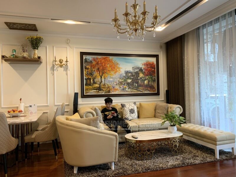 Thi công sofa phòng khách bọc da phong cách tân cổ điển đẹp cao cấp ở chung cư vinhomes nguyễn chí thanh quận đống đa hà nội Thi công nội thất phòng khách chung cư đẹp, tiện nghi và hiện đại