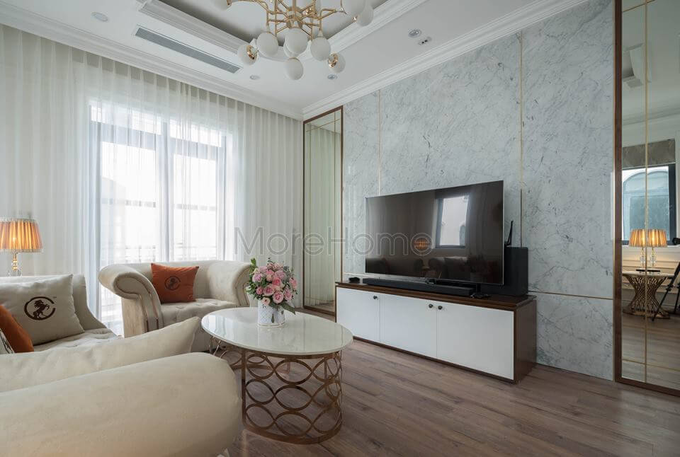 Thi công phòng khách biệt thự tân cổ điển với nhiều chất liệu đem lại sự phối kết hợp nội thất đầy tuyệt vời Gợi ý các mẫu thiết kế phòng khách tân cổ điển đẹp
