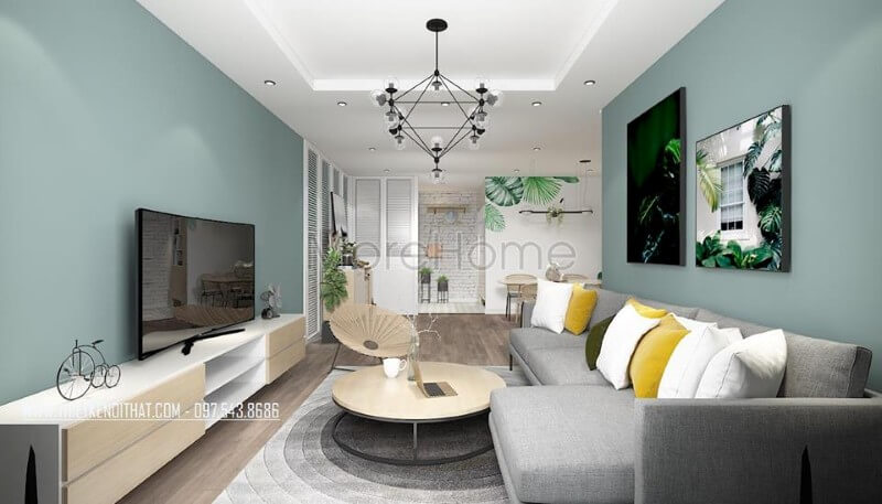 Sofa chữ I bọc nỉ Bỉ cao cấp kết hợp cùng một chiếc bàn trà gỗ nhỏ tròn chân sắt được kê ngay chính giữa nền thảm trải sàn hình họa tiết đồng tâm tạo được sự tập trung của người nhìn ở không gian phòng khách BST các mẫu thiết kế sofa phòng khách ưa chuộng nhất
