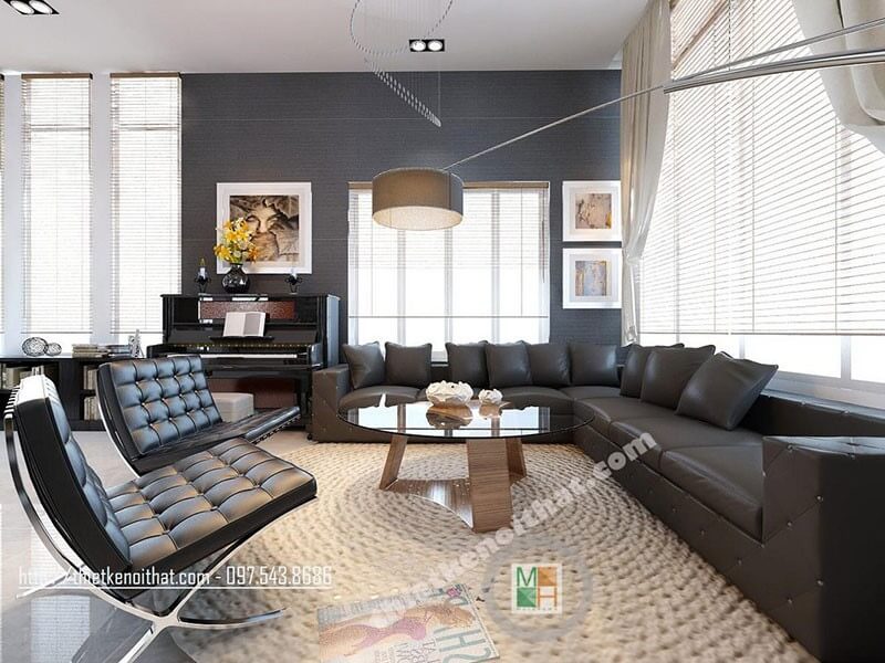 Nội thất sofa chữ L bọc da cho phòng khách với tone màu nâu đen hiện đại, sang trọng BST các mẫu thiết kế sofa phòng khách ưa chuộng nhất