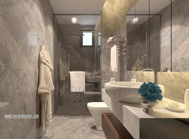Nội thất phòng tắm ấn tượng, các thiết bị hiện đại được gia chủ lựa chọn như: vách tắm kính cường lực, bồn sứ, gương trang trí, đá ốp lát... tạo nên không gian riêng tư sang chảnh và sạch sẽ Thiết kế phòng tắm biệt thự