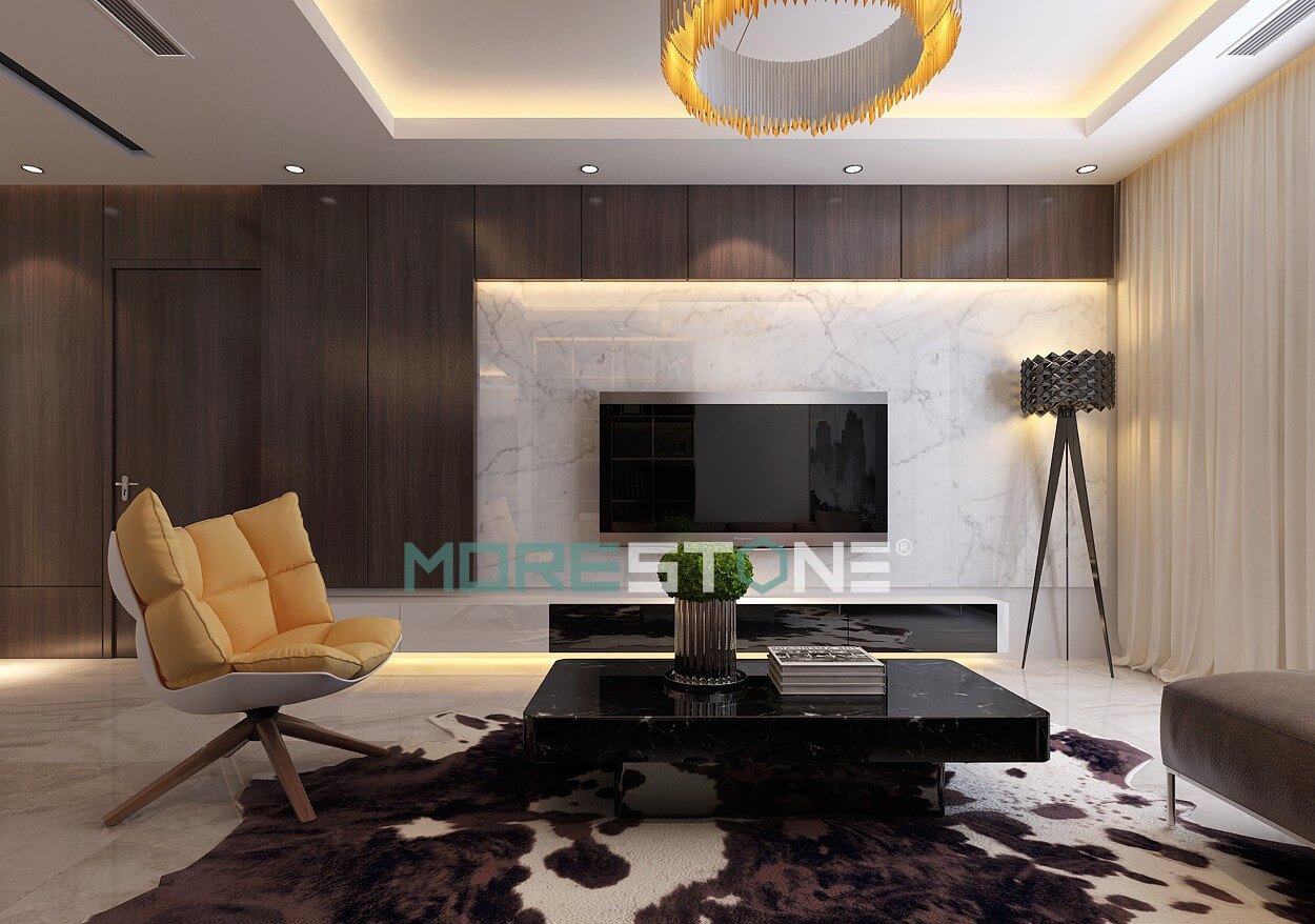 Thiết kế vách tivi bằng đá tự nhiên màu trắng hiện đại và sang trọng Mẫu đá ốp tường phòng khách đẹp, ấn tượng