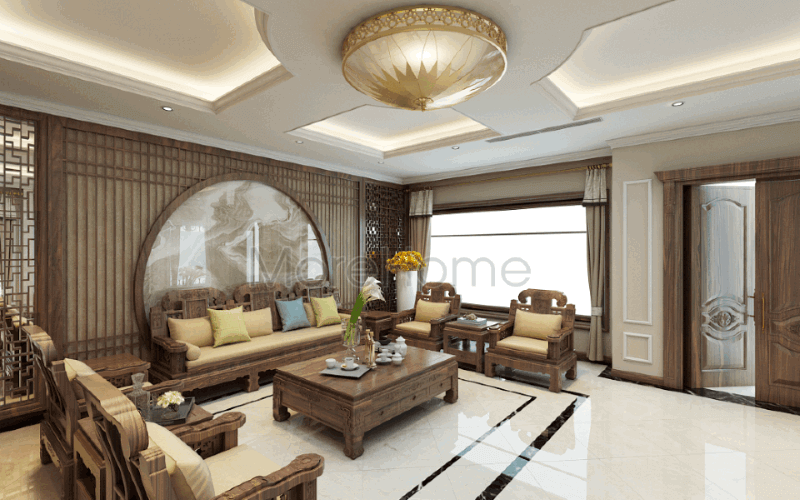 Đường vân uốn lượn sống động từ đá ốp tường cao cấp kết hợp cùng bức vách ốp tường hoa văn trang nhã góp phần tạo nên bức tranh phòng khách Á Đông tuyệt đẹp cho biệt thự Riverside Nguyễn Duy Trinh, Quận 2, Tp. Hồ Chí Minh. Mẫu đá ốp tường phòng khách đẹp, ấn tượng