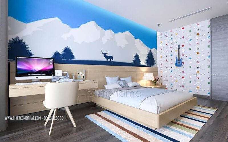 Giường ngủ gỗ sồi hiện đại cùng gỗ ốp đầu giường gam sáng màu tạo nên vẻ đẹp trẻ trung, độc đáo cho phòng ngủ con hiện đại. thiết kế nội thất chung cư